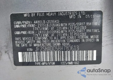 2011 Subaru Forester 2.5X Premium z USA, uszkodzony, nr VIN JF2SHADC5BH780613